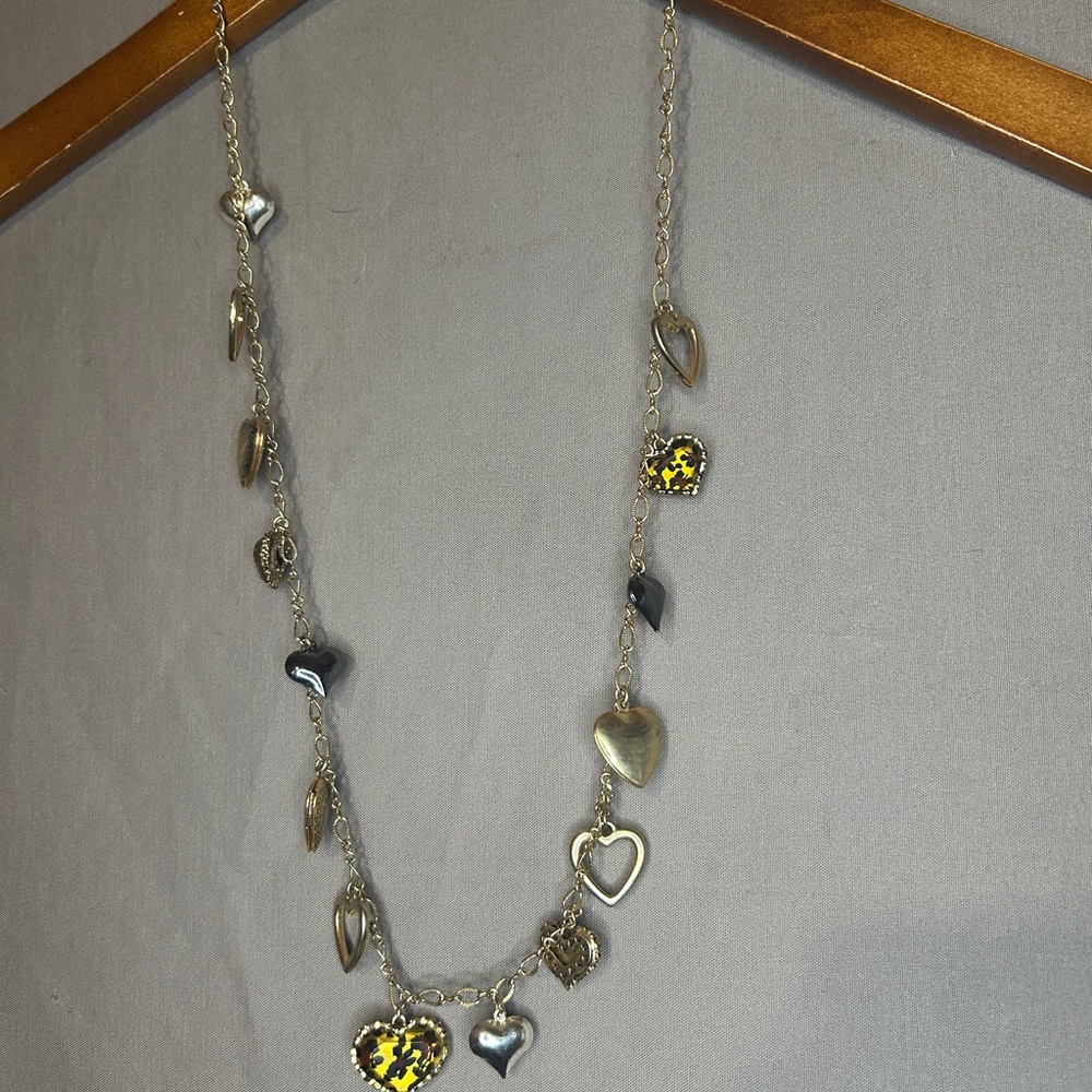 Vintage Betsey Johnson Gold & Silver 3 Locket Leopard Heart Charm Necklace